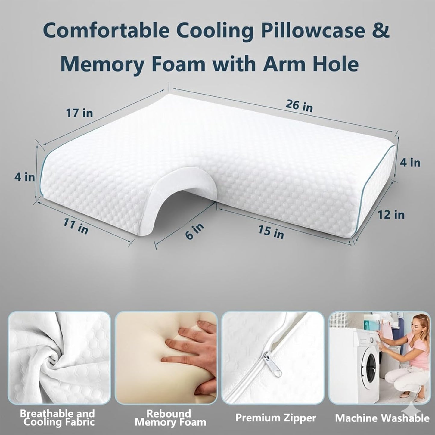 Ergonomic Memory Foam Cuddle Pillow, Arched Side Sleeper Pillow with Arm Tunnel and Arm Hole, Under Arm Support Pillow for Neck and Arm Pressure Relief, Removable Cover (Right Arm)