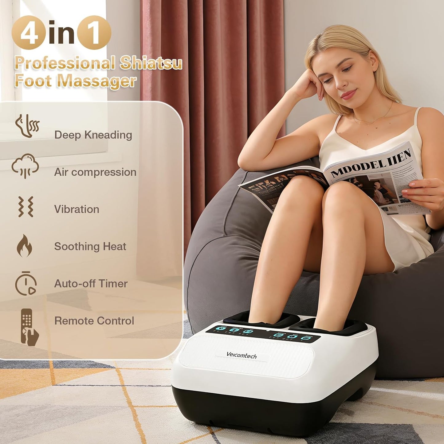 Foot Massager with Heat, Electric Foot Massager Machine for Plantar Fasciitis Neuropathy with Remote Control, Adjustable Vibration and Compression (White)