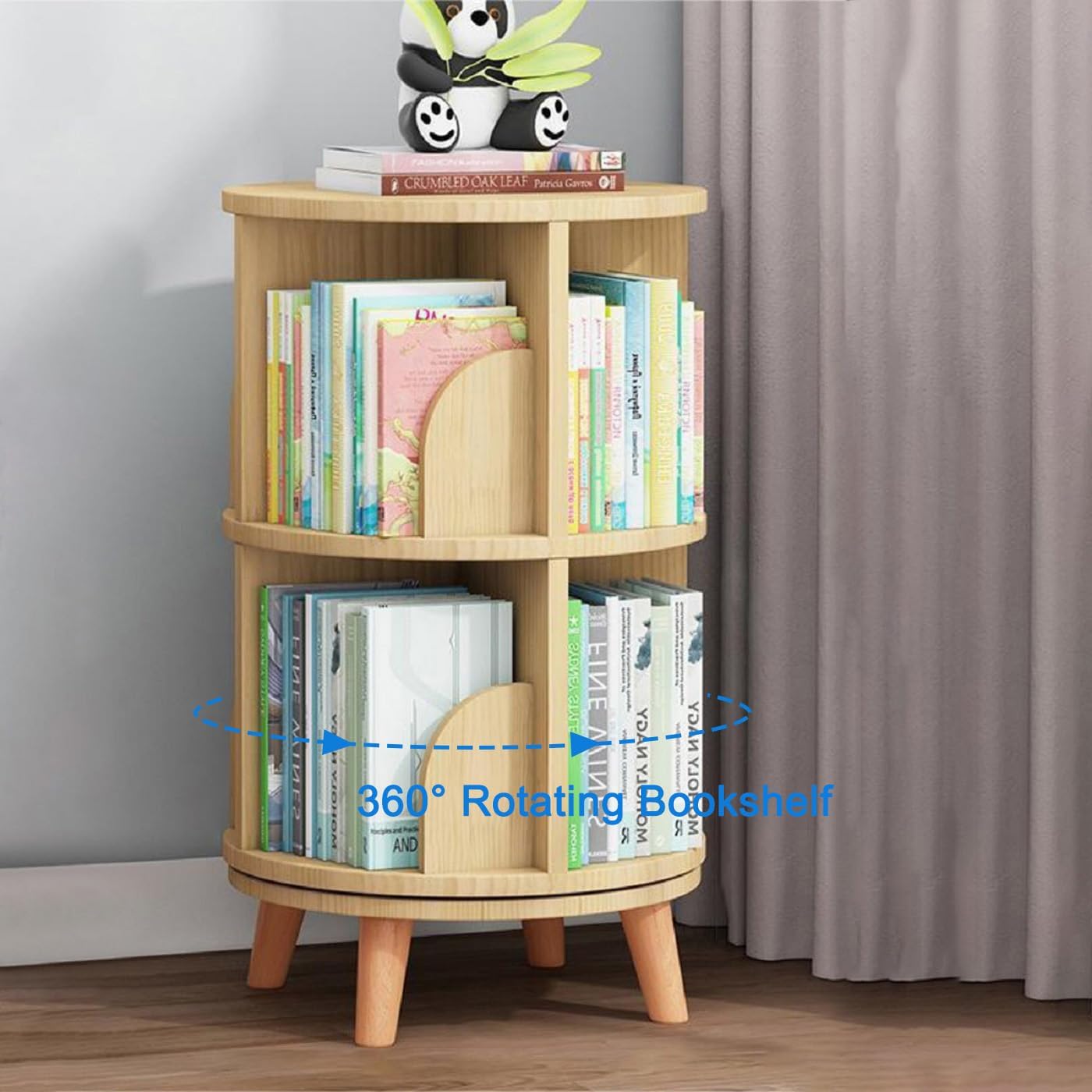 Gdrasuya10 2 Tier Rotating Bookshelf with Legs, 360 Display Revolving Bookcase Standing Bookcase Round Corner Bookshelf Wood Book Storage Display Shelves for Kids&Adults Small Space