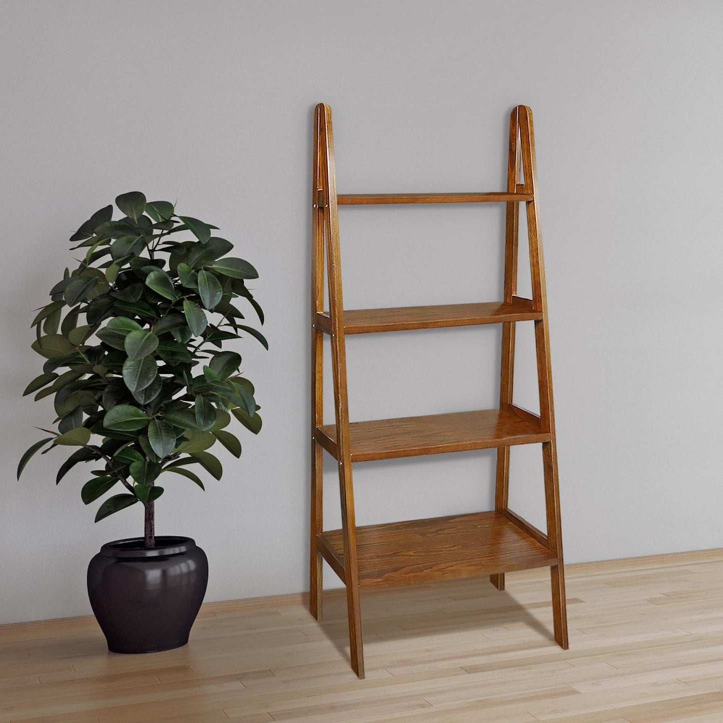 Casual Home 100% Solid Wood 4-Shelf Ladder Bookcase, Standard, 60" H, Warm Brown