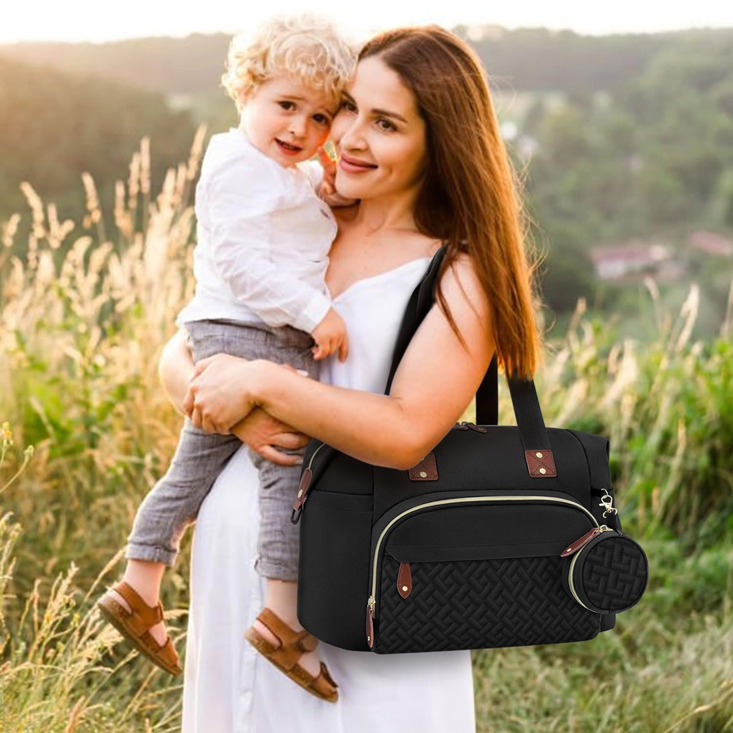 Diaper Bag Tote with Pacifier Case, Baby Bag for Women with Shoulder Straps, Travel Diaper Tote for for Mom and Dad Medium Size, Black