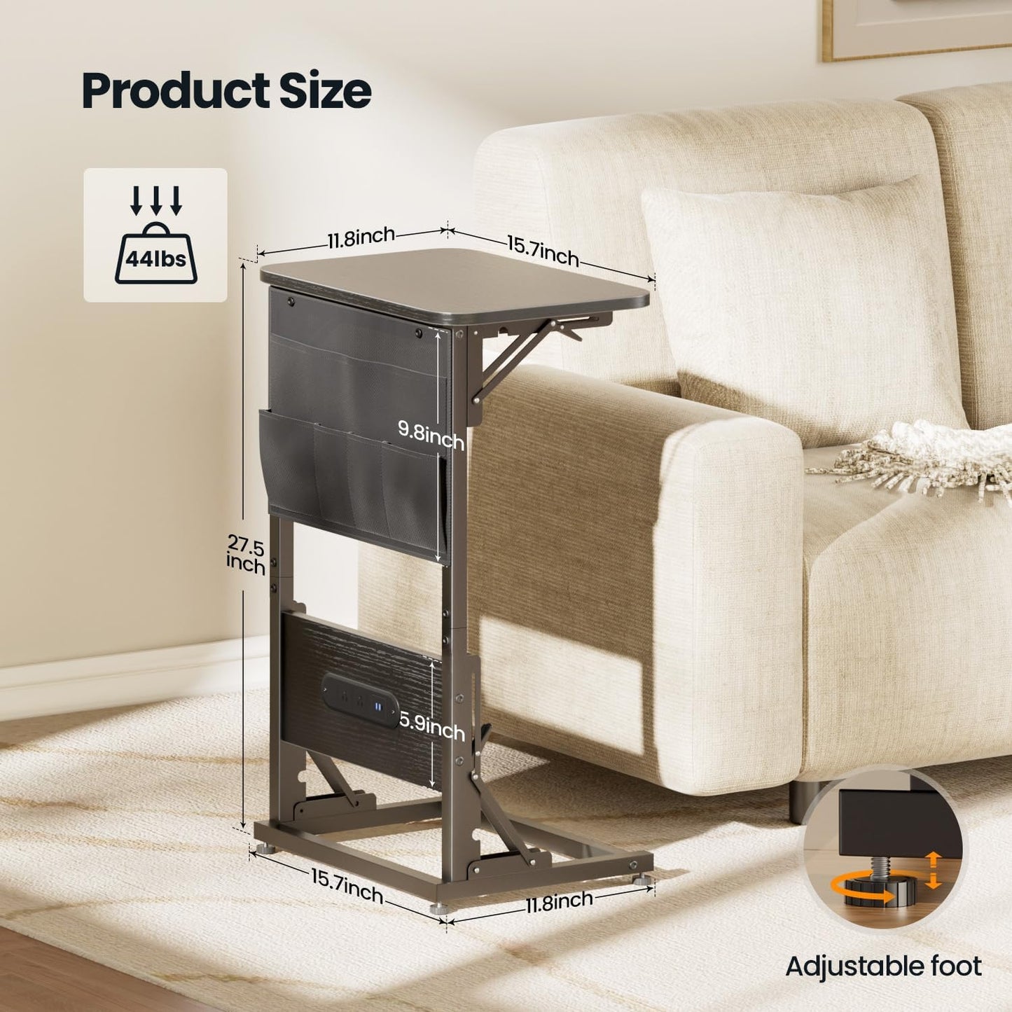 HLDIRECT C Shaped End Table with Charging Station, Couch Side Table with Storage Bag, Foldable TV Tray with 2 USB Ports and Outlets for Living Room, Bedroom, Black