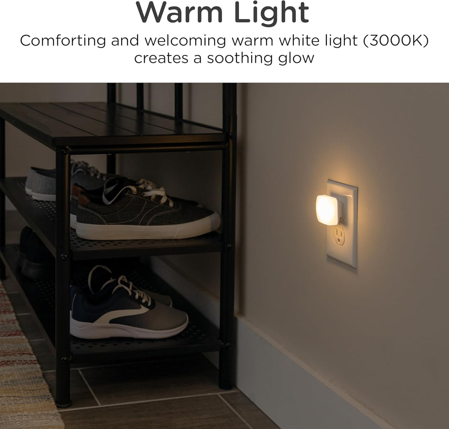 Lights by Night Mini Square LED Night Light, Plug in, Dusk to Dawn Sensor, Warm 3000K, Compact Single Outlet Design (Doesn’t Block 2nd Outlet), Ambient Lighting, Bedroom, Bathroom, 1 Pack, 82486
