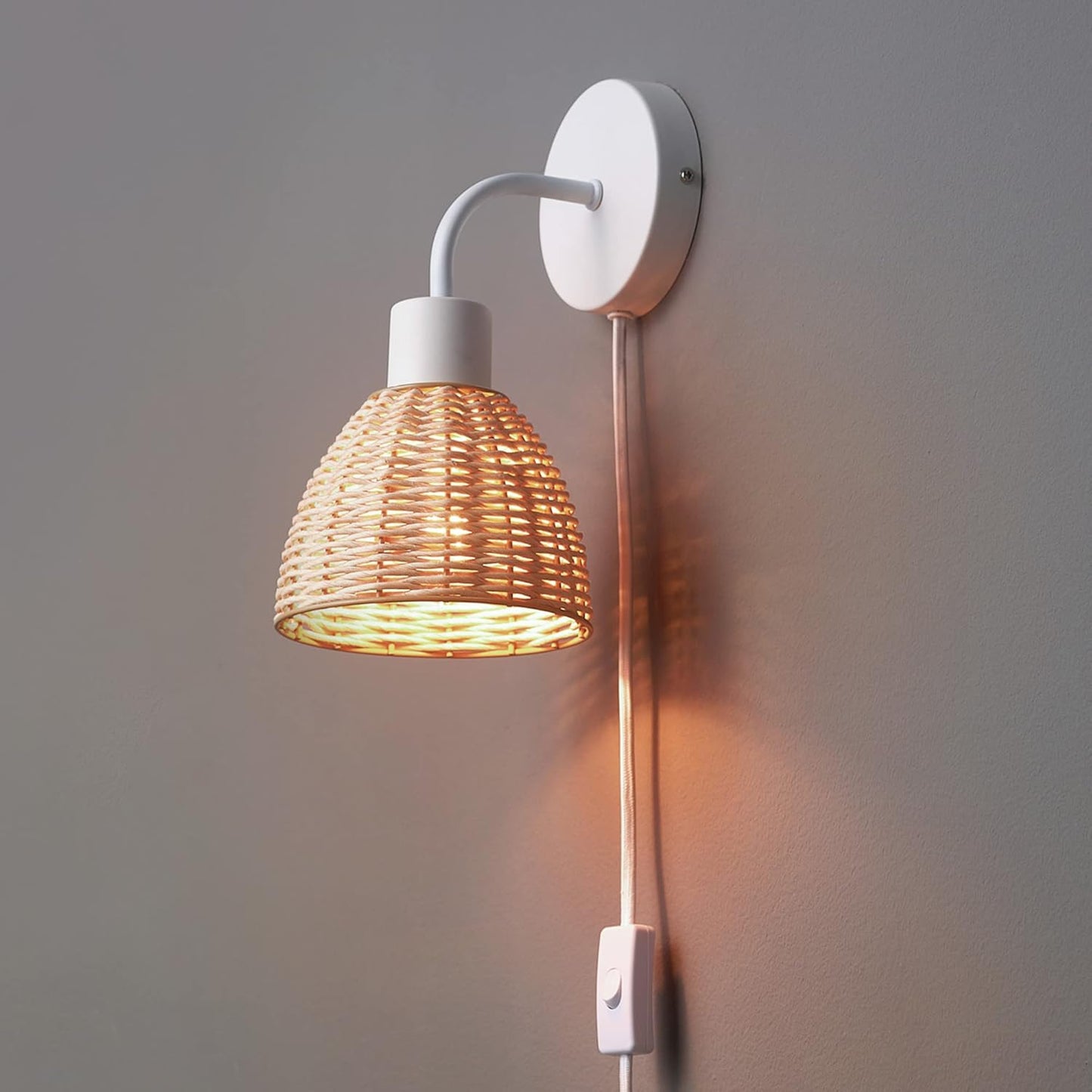Globe Electric 65928 Briar 1-Light Plug-in or Hardwire Wall Sconce, Matte White, Rattan Shade, 6ft White Braided Fabric Designer Cord, in-Line On/Off Rocker Switch