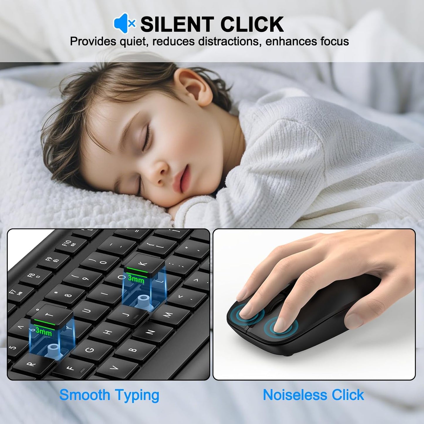 Wireless Keyboard and Mouse Combo, Full Size Silent Ergonomic Keyboard and Mouse, Long Battery Life, Optical Mouse, 2.4G Lag-Free Cordless Mice Keyboard for Computer, Mac, Laptop, PC, Windows