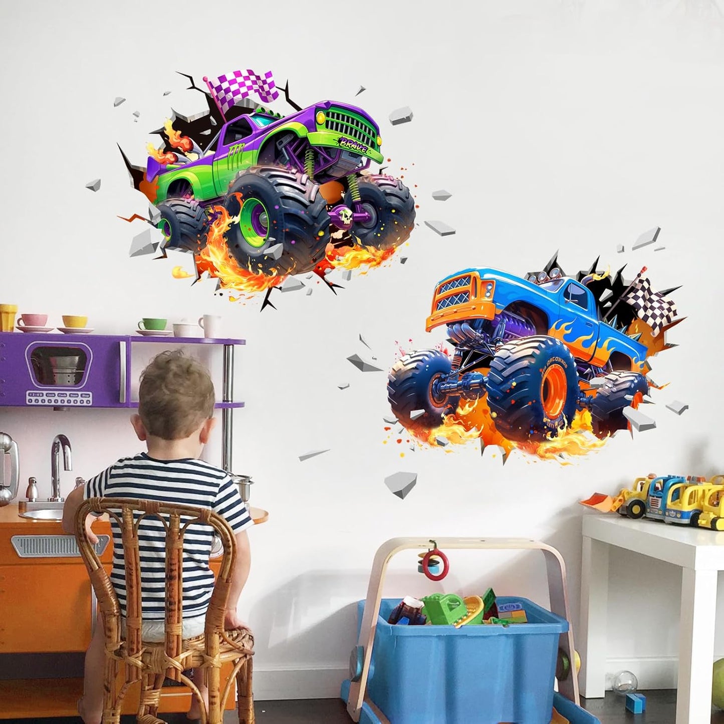 3D Racing Car Wall Decals, Truck Vehicles Wall Stickers Ball Games Peel and Stick Decal Self Adhesive Sticker for Boys Kids Room Home Decor