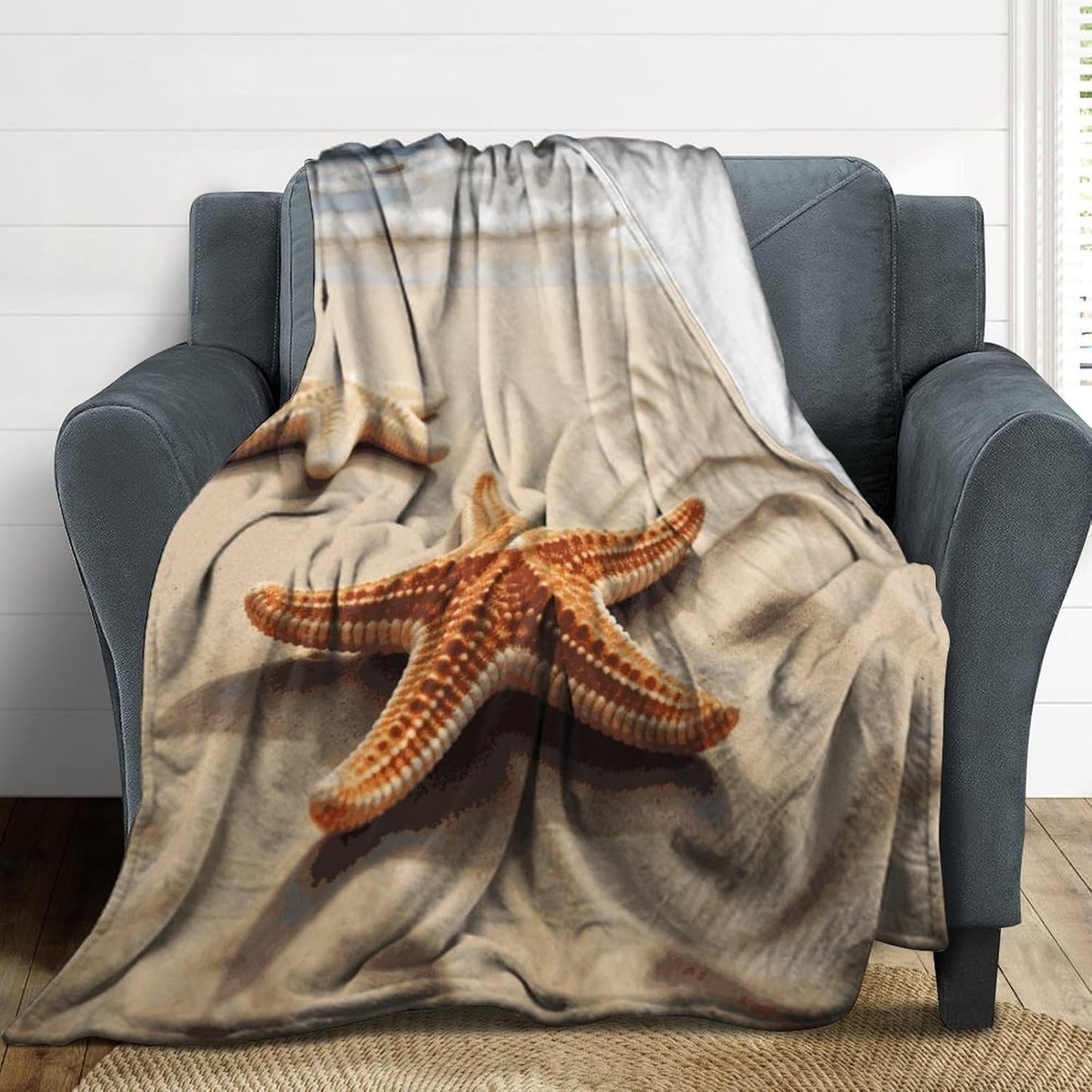 Starfish on The Sand Beach Landscape Blanket Super Soft Lightweight Throw Blanket Cute Cozy Warm Bed Blanket Decorative Fuzzy Blanket All-Season Home Decor Gift for Sofa Couch Living Room 50"*60"（130*
