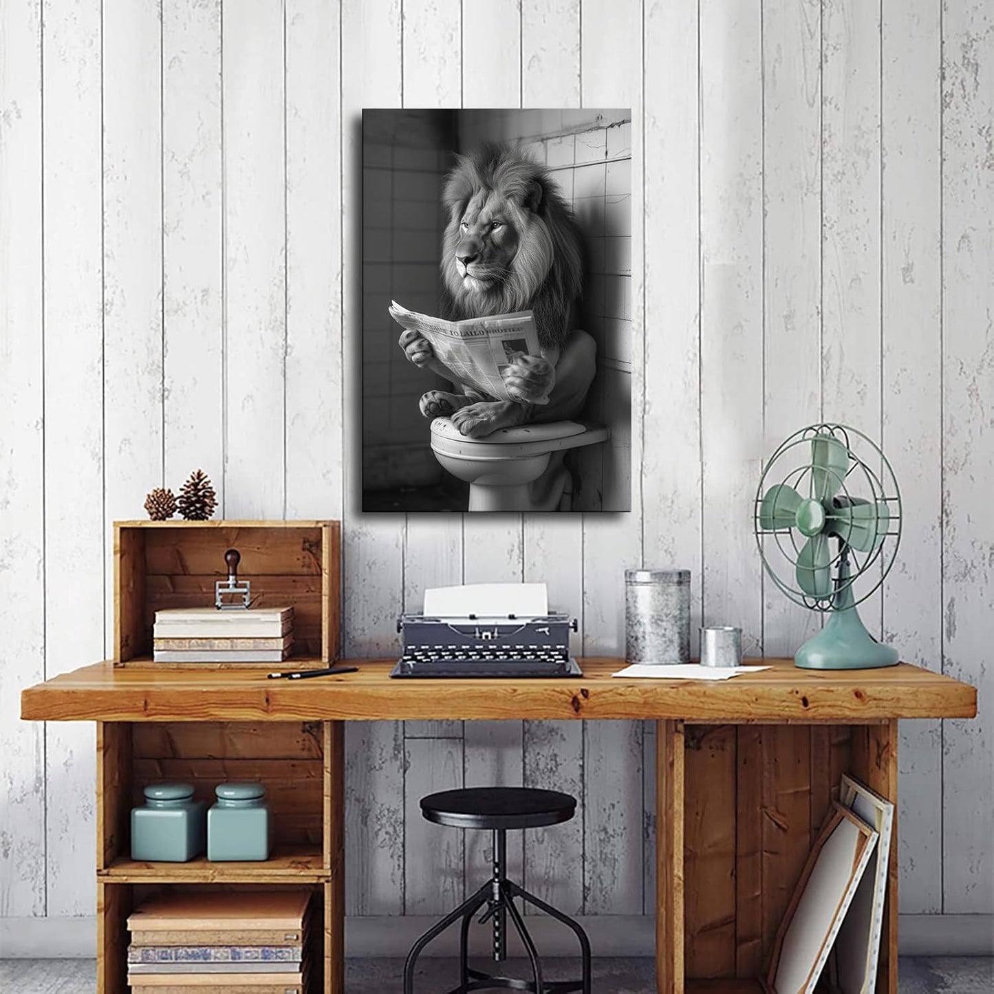 Black and White Photo of A Lion Reading A Newspaper on A Toilet Print Poster Picture HD Print Poster Retro Painted Modern Home Bedroom Room Aesthetic Decoration Canvas Art (08x12inch Unframed)