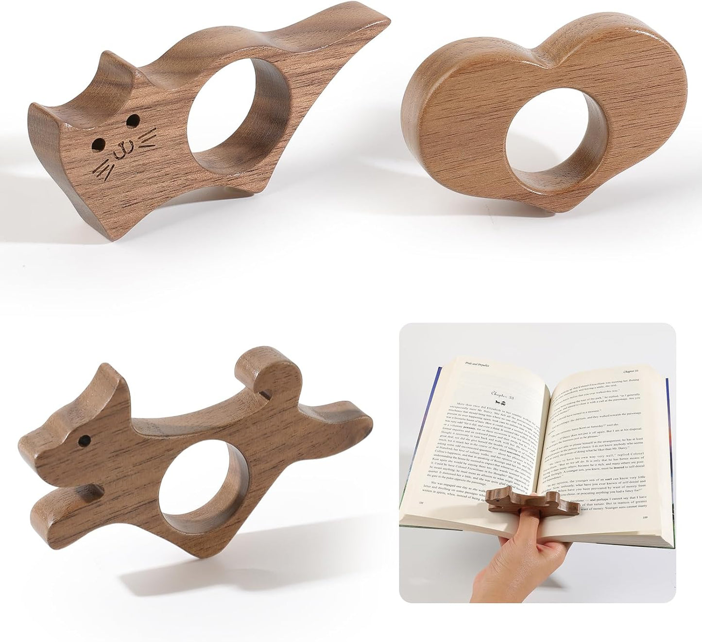 3Pcs Walnut Book Thumb Page Holder Set Cat Dog Bird Bat Bookmark Heart Beard Wood Thumb Bookmarks Christmas Gifts for Women Men Readers Writer Book Lover (PH0678-Heart+Cat+Dog)