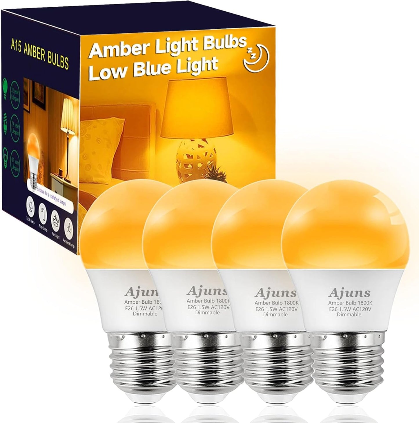 Amber Sleep Light Bulb Dimmable, Blue Light Blocking, A15 E26 1.5W 15 Watt Equivalent Dim Light Bulb, 1800K Warm Bulb for Healthy Sleep, Bedroom, Children's Room,4pack