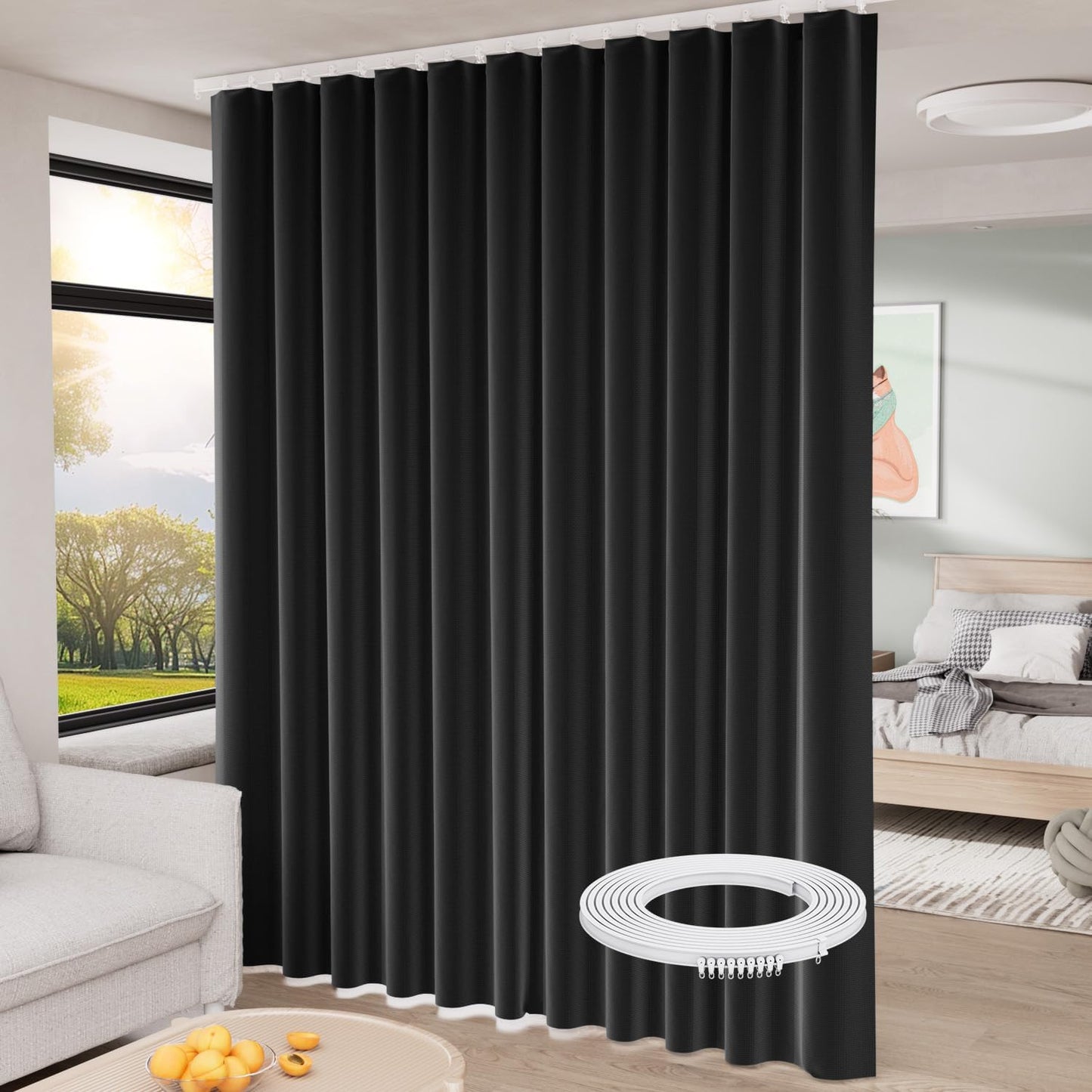 Room Divider Curtain with Ceiling Mount Track Blackout Curtains Thickened Ceiling Privacy Room Divider Screen, Flexible Ceiling Track Window Curtain Panels for Living Room Bedroom (Black W8.3 x L7ft)