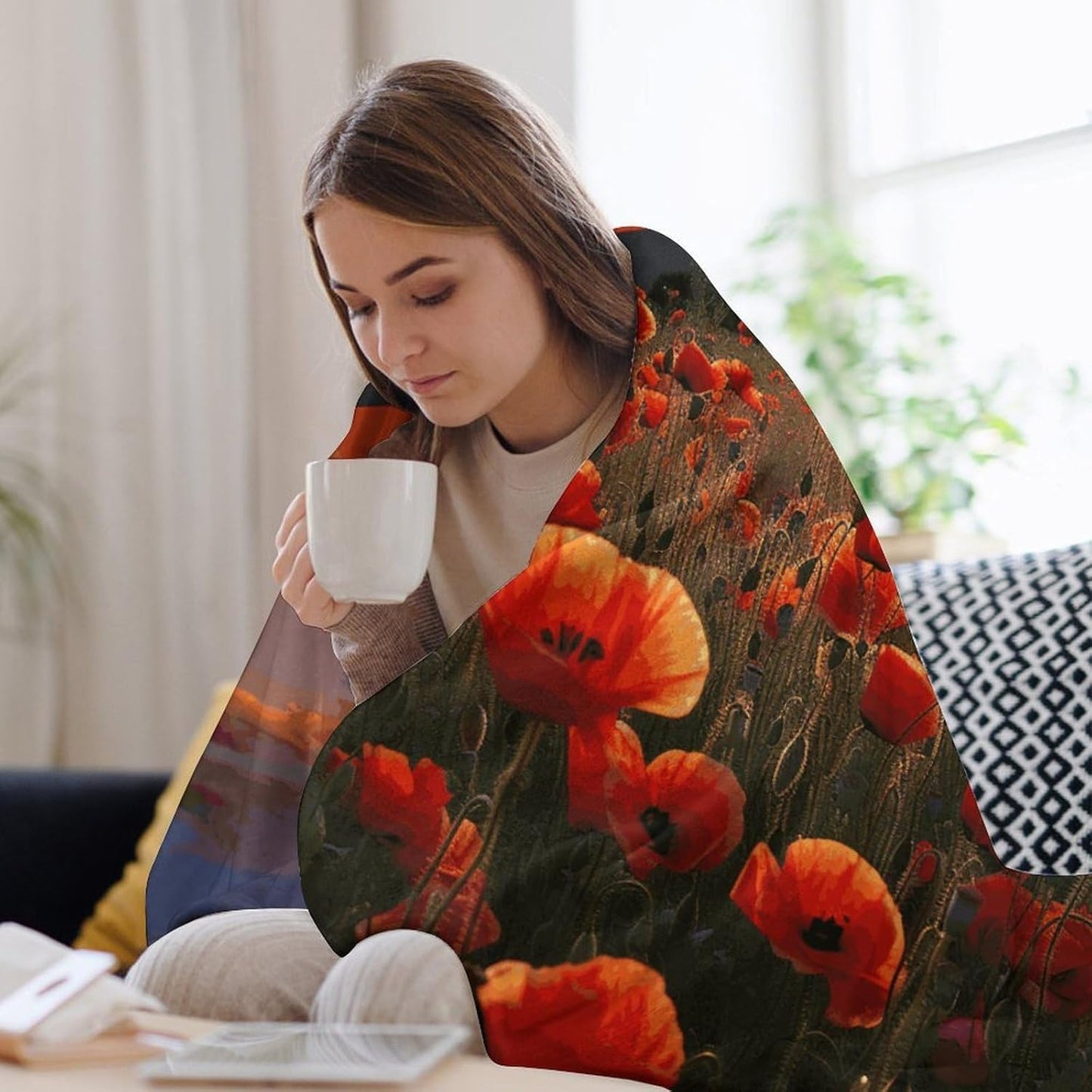 Red Poppy Flower Field in Sunset Blanket Super Soft Lightweight Throw Blanket Cute Cozy Warm Bed Blanket Decorative Fuzzy Blanket All-Season Home Decor Gift for Sofa Couch Living Room 40"*50" （100*130