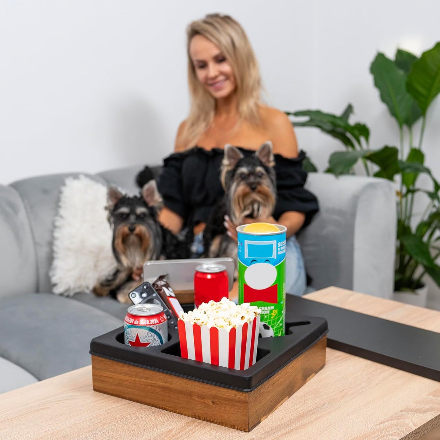 Silicone Couch Cup Holder Tray – Handy Silicone Acacia Couch Caddy with Cup Holder & Phone Stand – Waterproof Anti-Spill Snack & Bed Caddy Organizer Sofa Tray for Drinks, Snacks, & Remotes (Black)