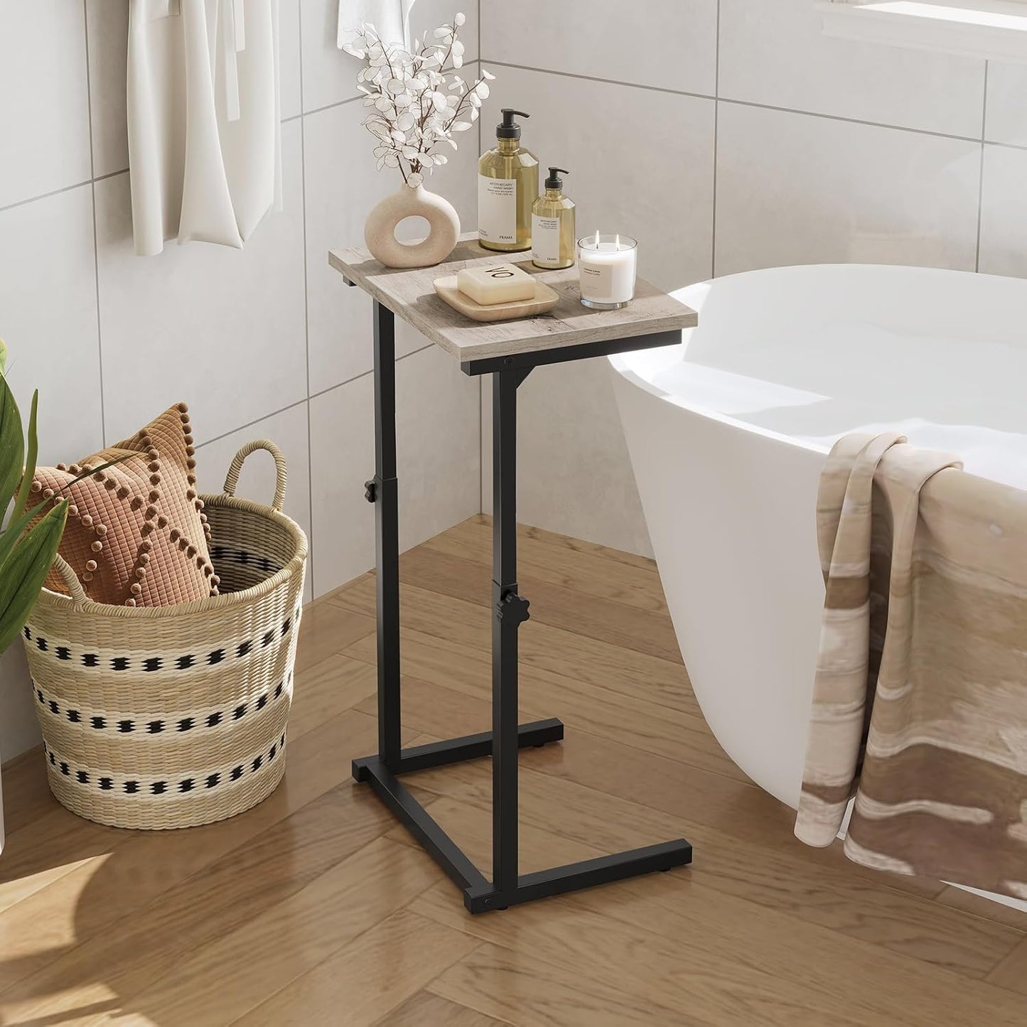 HOOBRO C Shaped End Table for Couch, Adjustable Height Side Table, Sofa Table for Small Spaces, Couch Table that Slide Under, for Living Room, Bedroom, Greige and Black BG71SF01