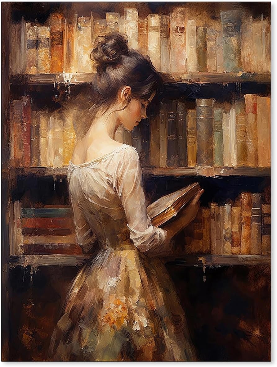 Aimery Vintage Library Posters Retro Oil Painting Wall Art Antique Female Portrait Pictures Girl Reading Book Canvas Prints Famous Aesthetic Wall Decor for Gallery Study 12x16 inch Unframed