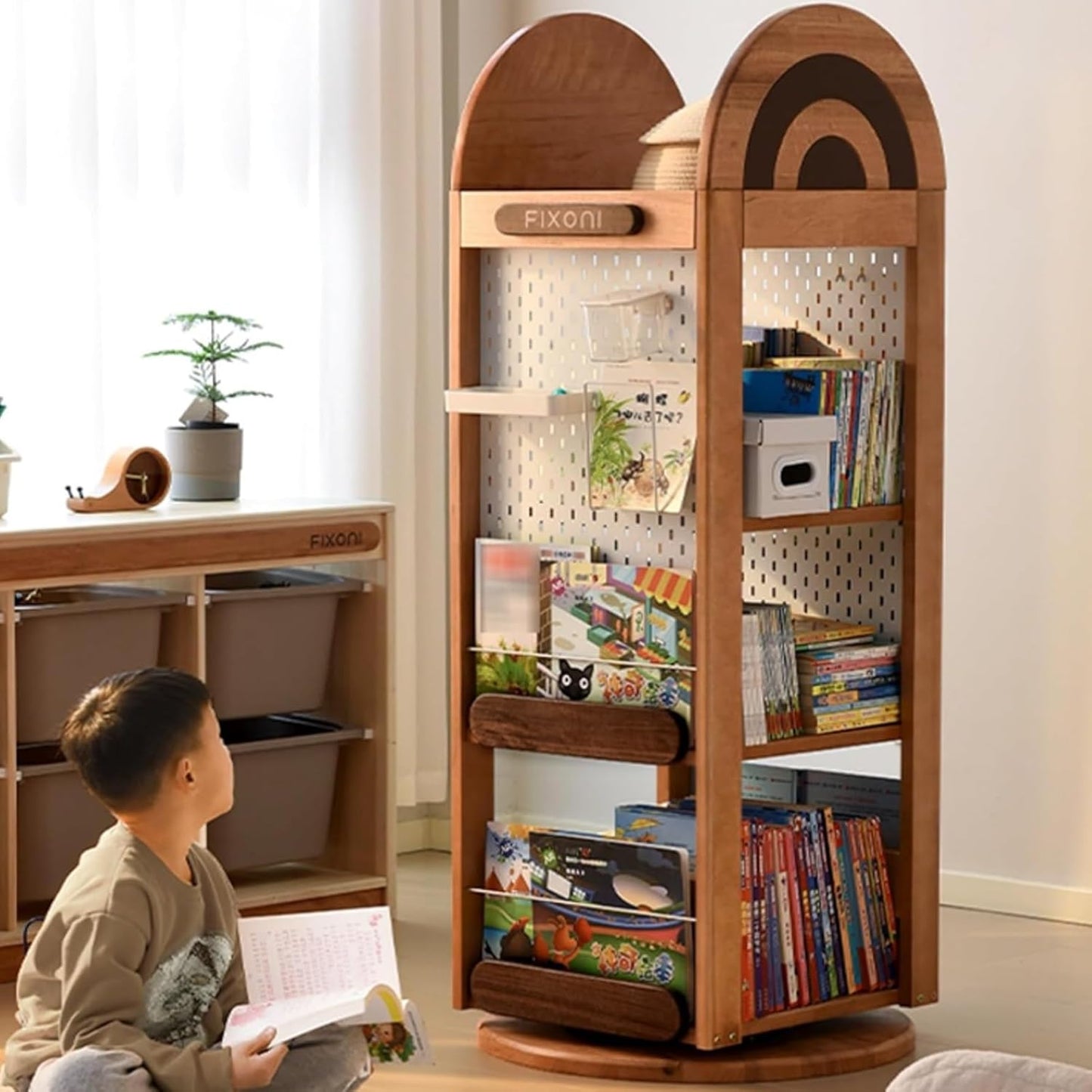 Rotating Bookshelf, Corner Shelf, Corner Bookshelf with Pegboard, Made of Solid Wood, Suitable for Children's Rooms, Study Rooms, Bedrooms, and Bookcases