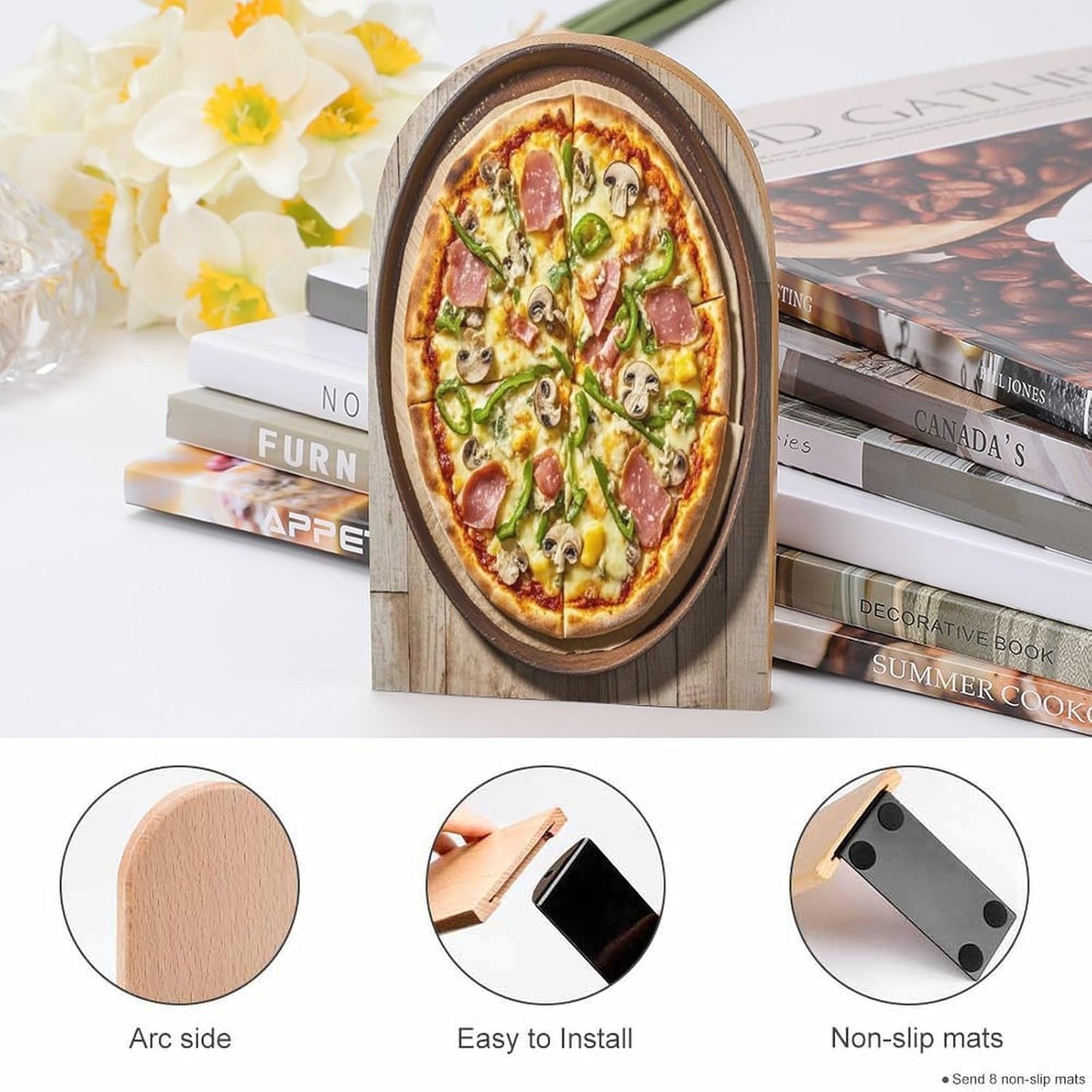 A Full Pizza Bookends 1 Pair Heavy Duty Book Ends for Shelves Non-Skid Bookend Supports Wooden Book Holders with Metal Base Desk Organizers Books Storage to Hold Books