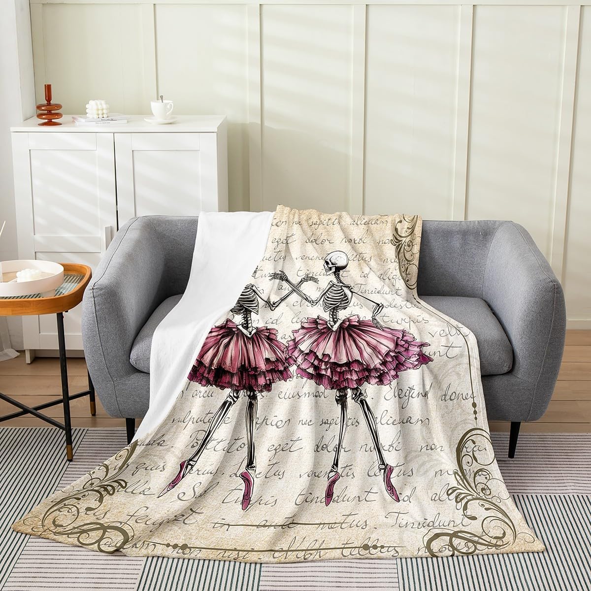 Castle Fairy Ballet Skeleton Girls Blankets,Ballet Dancer Flannel Blanket for Kids Teens Women Room Decor,Vintage Brown Western Fleece Blanket Dancing Lover Sherpa Blanket,for Chair/Sofa,50"×60"