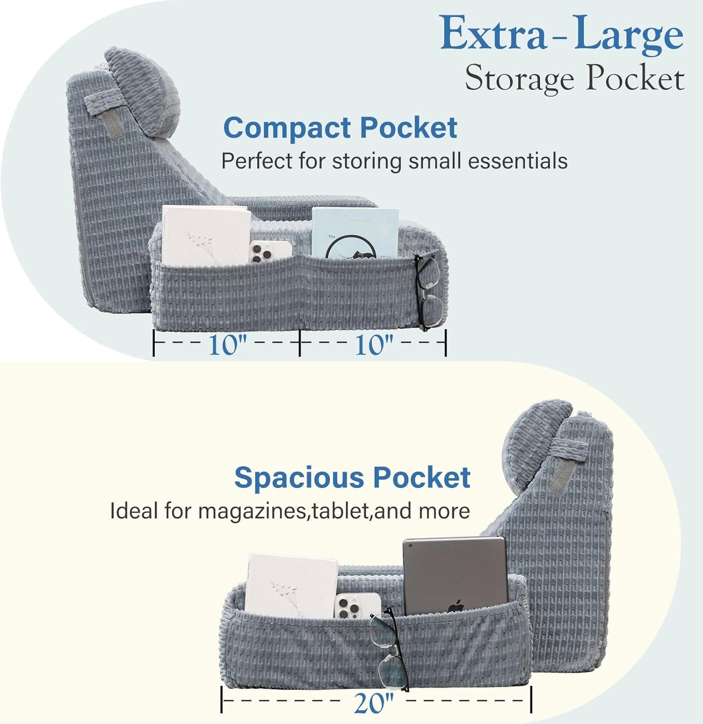 Reading Pillow for Bed, 19" Back Pillow for Bed Sitting up, Big Pockets & Built-in Arms, Backrest Cushion, Wedge Support for Reclining/Reading/Resting/Watching TV, Washable Cover, Slate Blue