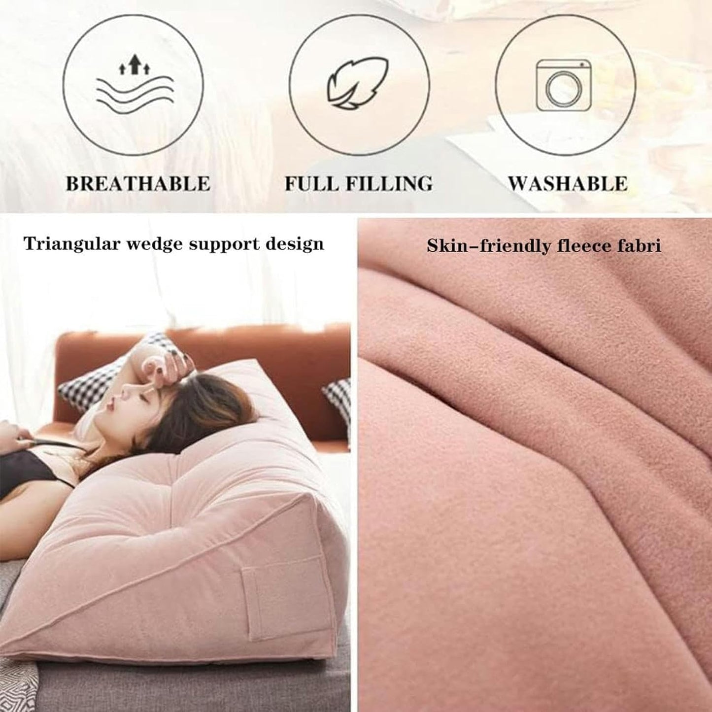 AMNOOL Soft Reading Bed Rest Pillow Large Bolster Cushion Velvet Headboard Backrest Triangular Wedge Pillow Neck Lumbar Support for Dorm Room Daybed Full Size-1-, 59in/150cm(Queen), Pink