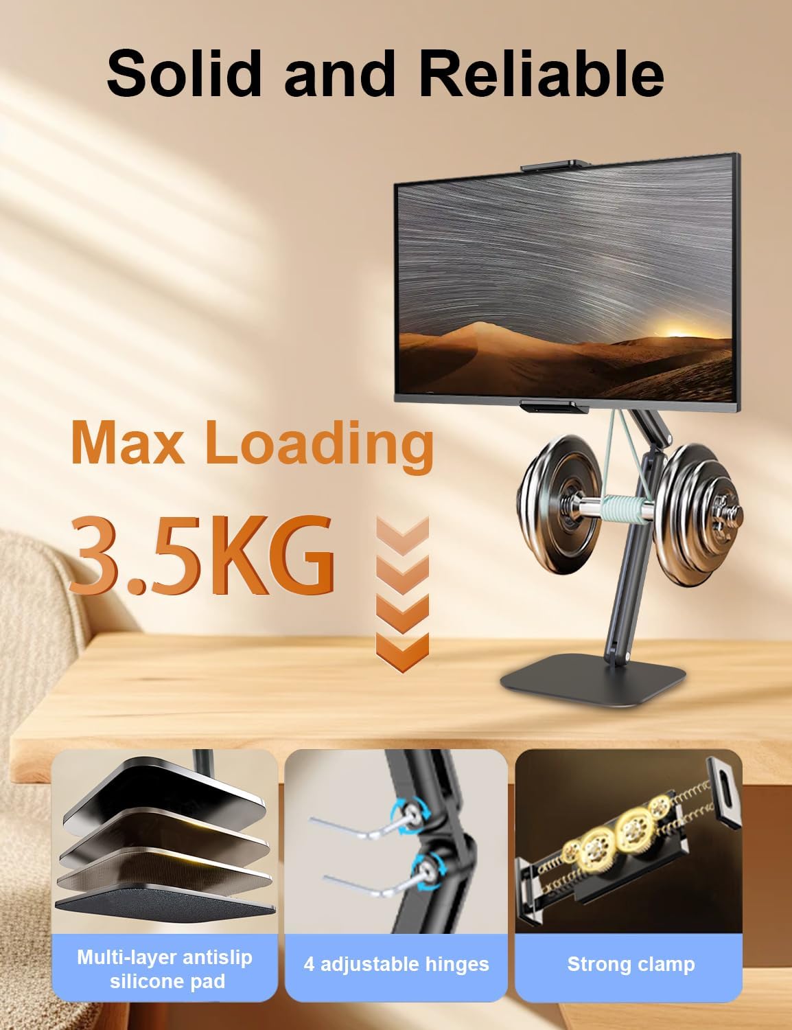 Tablet Stand for Desk,Adjustable iPad Holder Clamp Mount,360°Rotation,Sturdy Aluminum Tablet Arm Mount for 4.7"-15.6" iPad Pro/Air/Mini,iPhone,Portable Monitors,for Kitchen,Work,Video Call