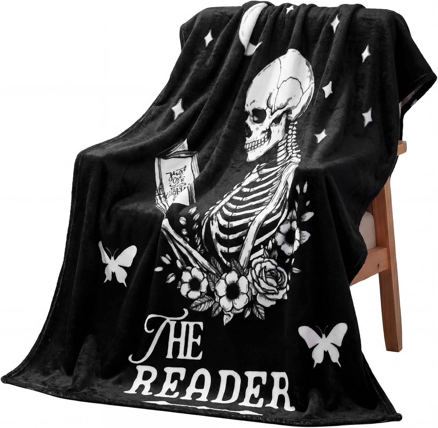 Moukeren Book Lovers Gifts for Readers Gothic Skeleton Reading Blanket 50"x60" Soft Flannel Throw Book Blanket for Women Bookish Bookworm Club Librarian Birthday Gifts Cozy Reading Accessories