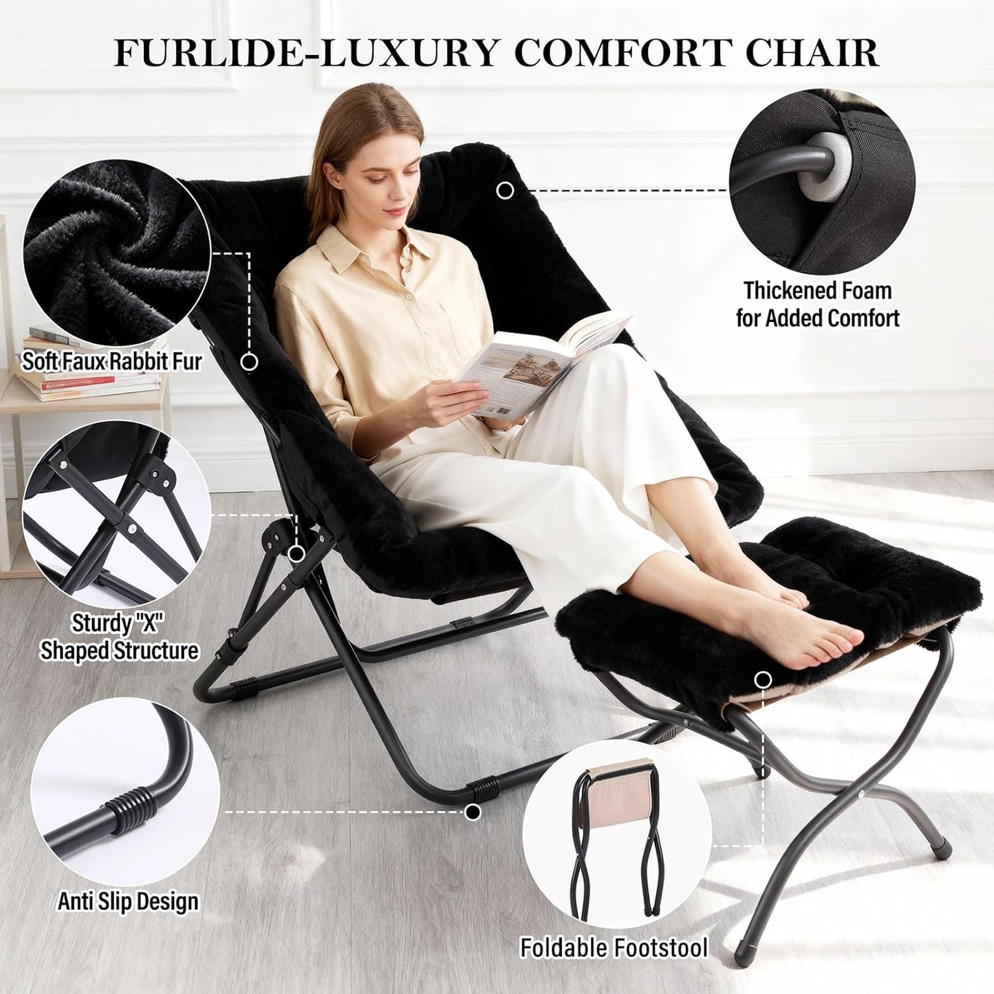 Oversized Folding Faux Fur Chair with Ottoman, X-Large Soft Saucer Chair, Foldable Metal Frame for Bedroom, Living Room, Balcony (Black)