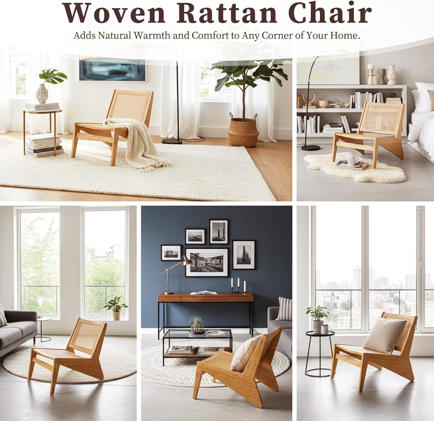 Rattan Chair 2Pcs, Mid Century Modern Accent Chair, Leisurely Reading Chair for Living Room（Wood）