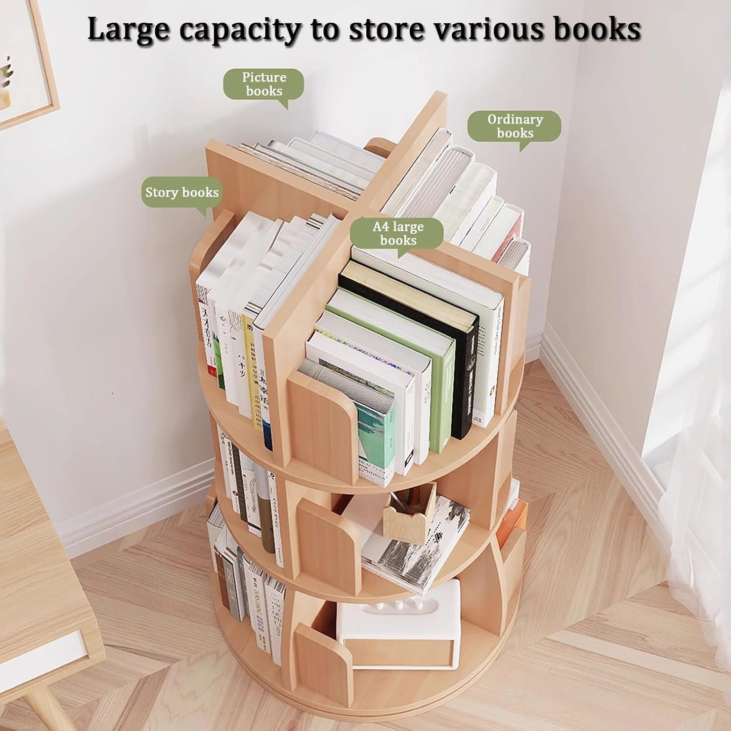 YVYKFZD Rotating Bookshelf, Wood Revolving Bookcase Tower, 360° Corner Display Storage Rack, Floor Standing Narrow Book Shelf Organizer, for Small Space, Bedroom, Living Room(White A,2 Tier H 66cm/25.