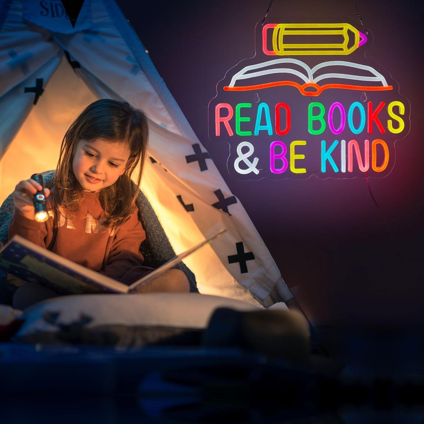 Read Books and Be Kind Neon Sign Pencil Book Neon Light Student LED Neon Light Colorful Neon Light Up Signs for Classroom Bookstore Library Museum Study Room