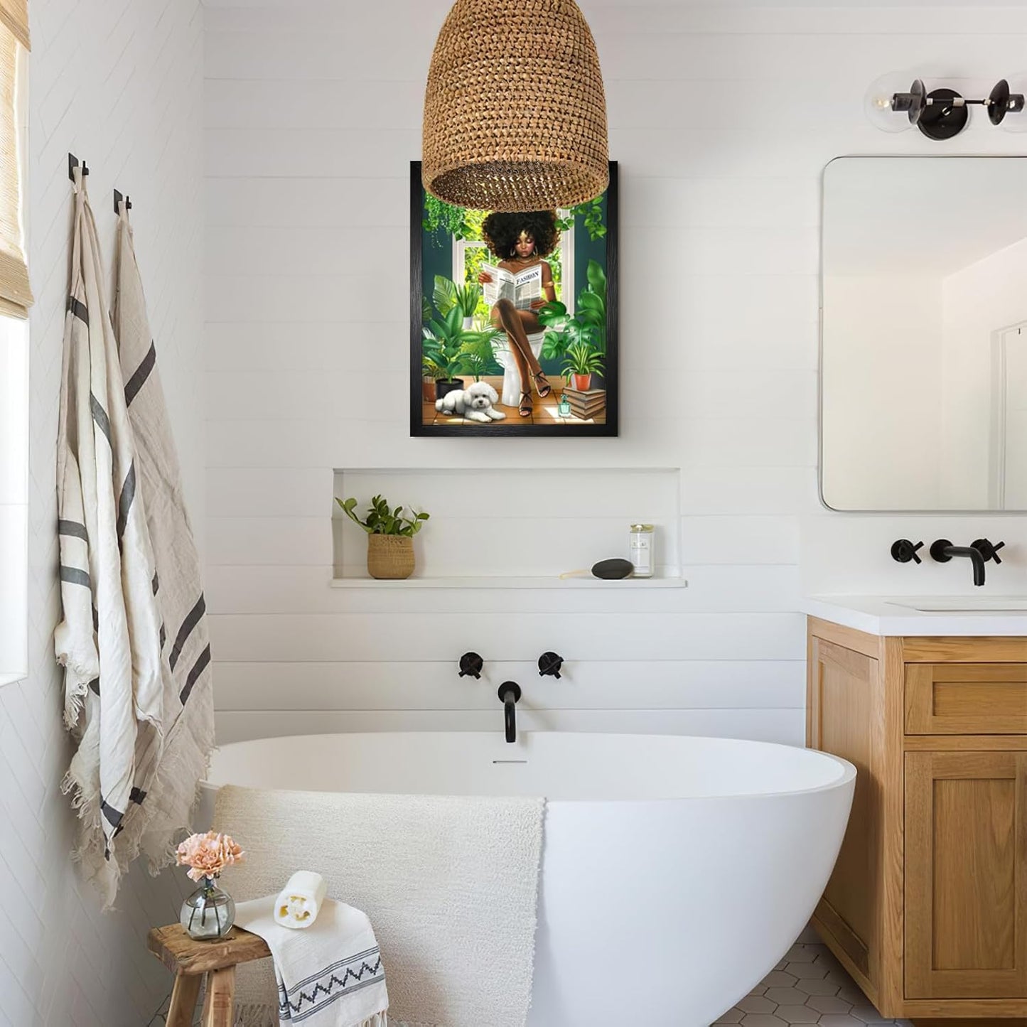Framed African American Bathroom Decor Wall Art Green Botanical Black Girl Pictures Canvas Wall Decor Fashion Modern Black Woman Artwork For Bathroom Bedroom 12"x16"