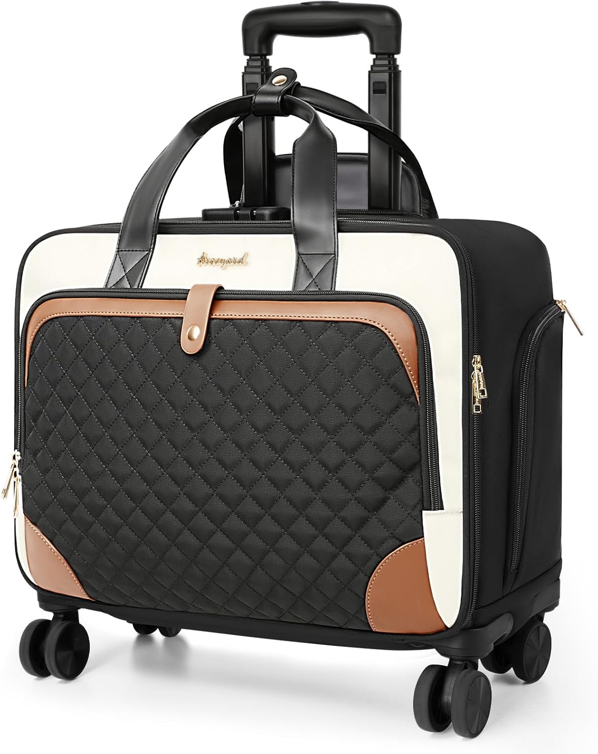 Rolling Laptop Bag with 4 Spinner Wheels, Rolling Briefcase for Women with Lock, 16 Inch Computer Bag with Telescopic Handle, Overnight Laptop Bag with Wheels for Work Travel Business, Beige Brown