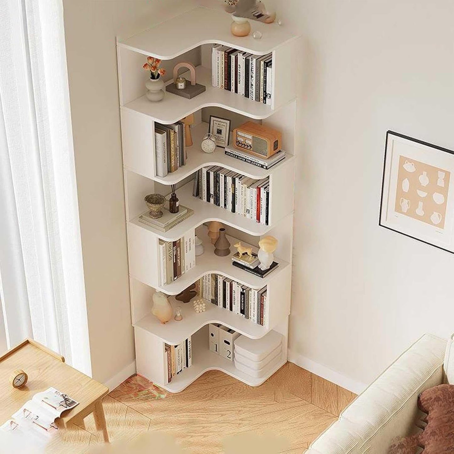 Modern Solid Wood Corner Bookshelf - Six-Layer Open Back Bookcase for Living Room Storage, Versatile Shelves for Books, Decor & Organizing, Space-Saving Design