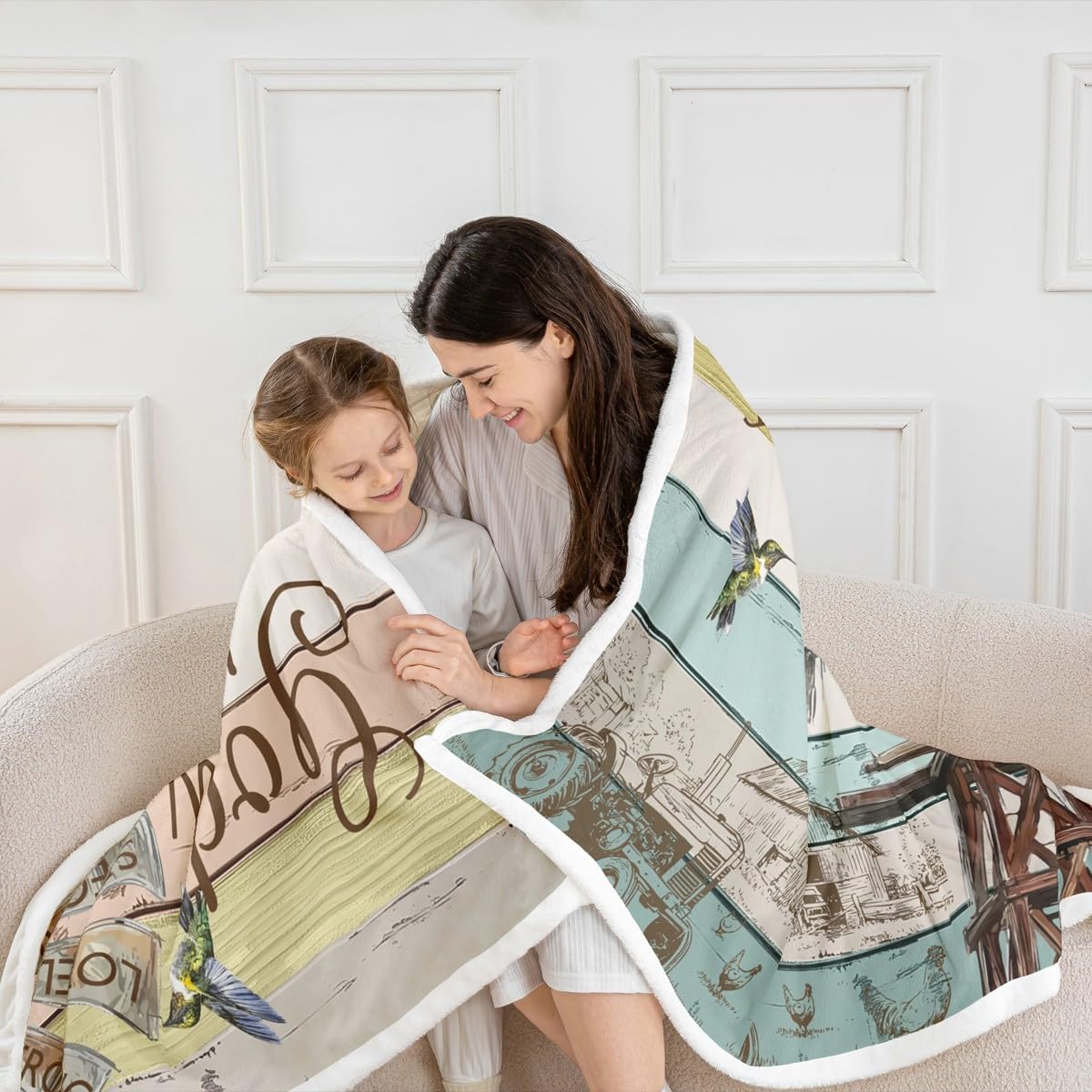 Windmill Sherpa Blanket Queen Size, Rustic Farmhouse Throw Blanket Hummingbird Rooster Cow Farm Animal Fleece Blanket Wooden Board Vintage Country Western Plush Bed Blanket Windmill Bedroom Decor