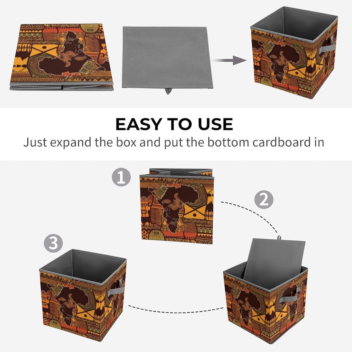 African Map Ethnic Pattern Storage Bins with Handles Fashion Large Storage Cubes Sturdy Foldable Storage Boxes Space-Saving Storage Baskets for Home Office Clothes Closet Organizers