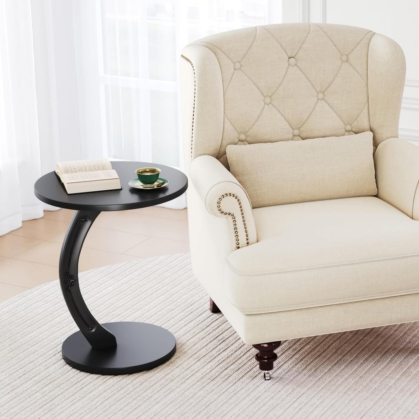 Uniclinens C-Shaped Solid Wood Round End Table - Side Table for Couch, Sofa Tables Slide Under Couch for Living Room, Small Nightstand for Small Space, Black