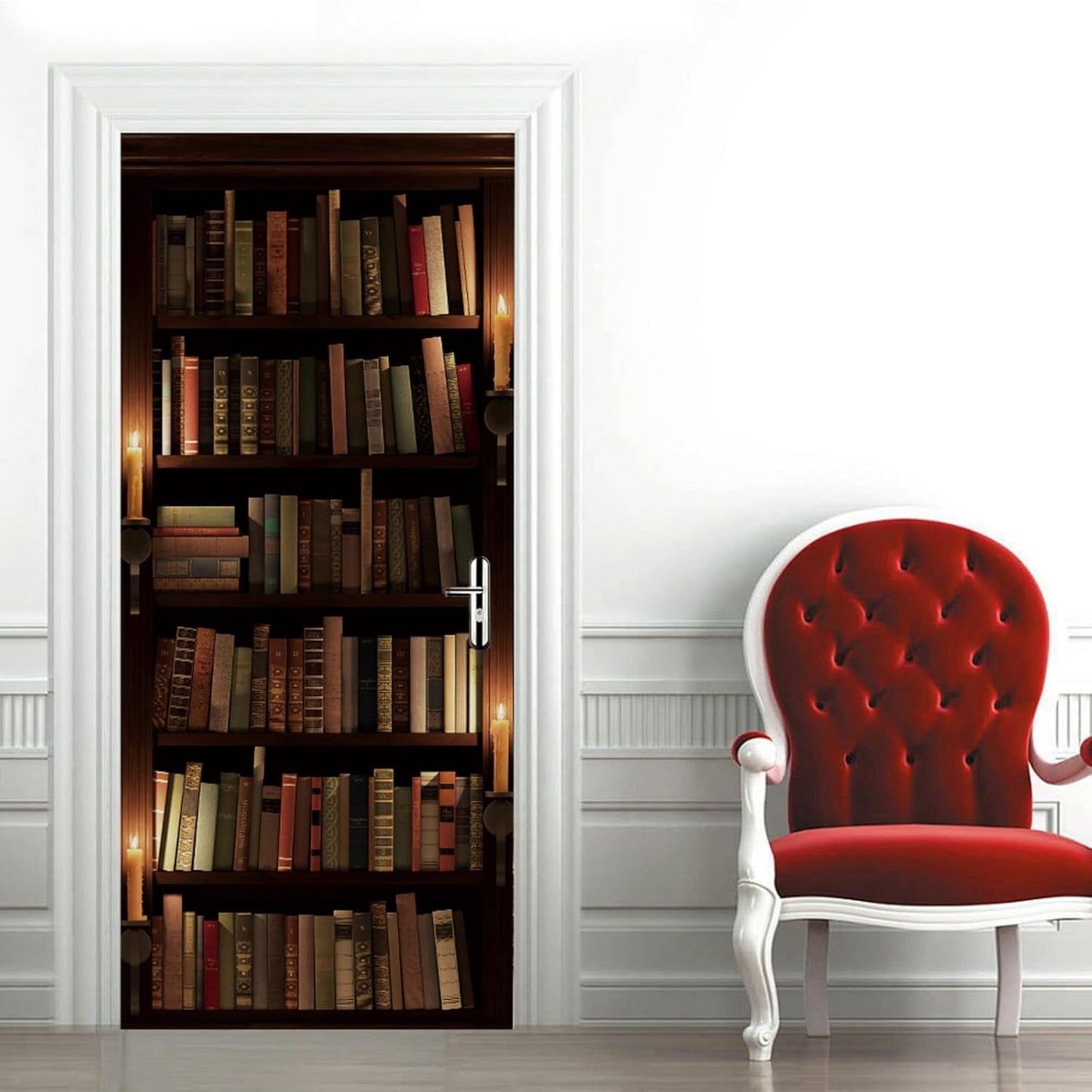 3D Door Stickers for Interior Doors Mysterious Old Library Bookshelf with Candle and Books Vinyl Waterproof Self Adhesive Door Mural Decals for Bedroom Office Bathroom 90 x 200cm