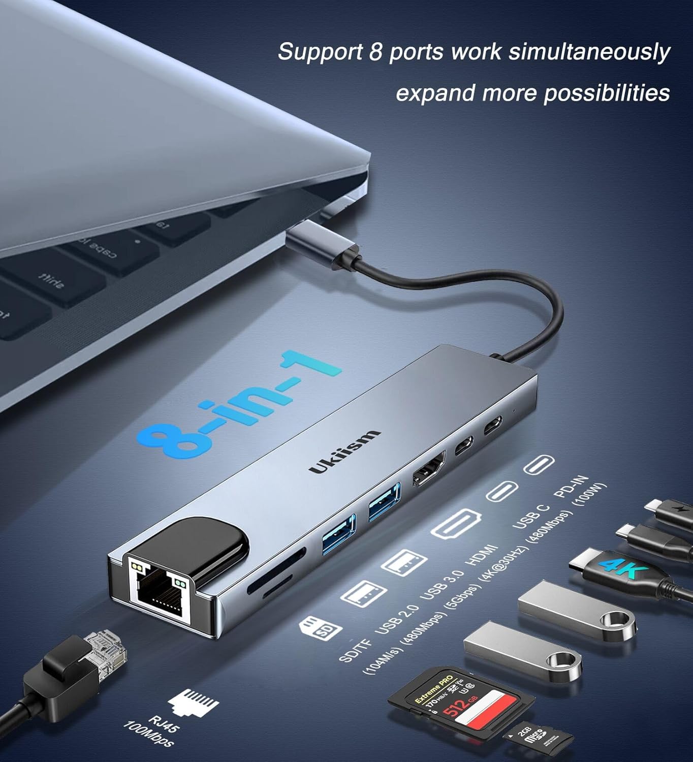 USB C Hub Ethernet HDMI Adapter, 8 in 1 Docking Station with 4K HDMI, RJ45 Ethernet, SD/TF Card Reader, USB 3.0/2.0, PD 100W, LAN USB-C Dongle for MacBook Pro/Air, iPad Pro, XPS, etc