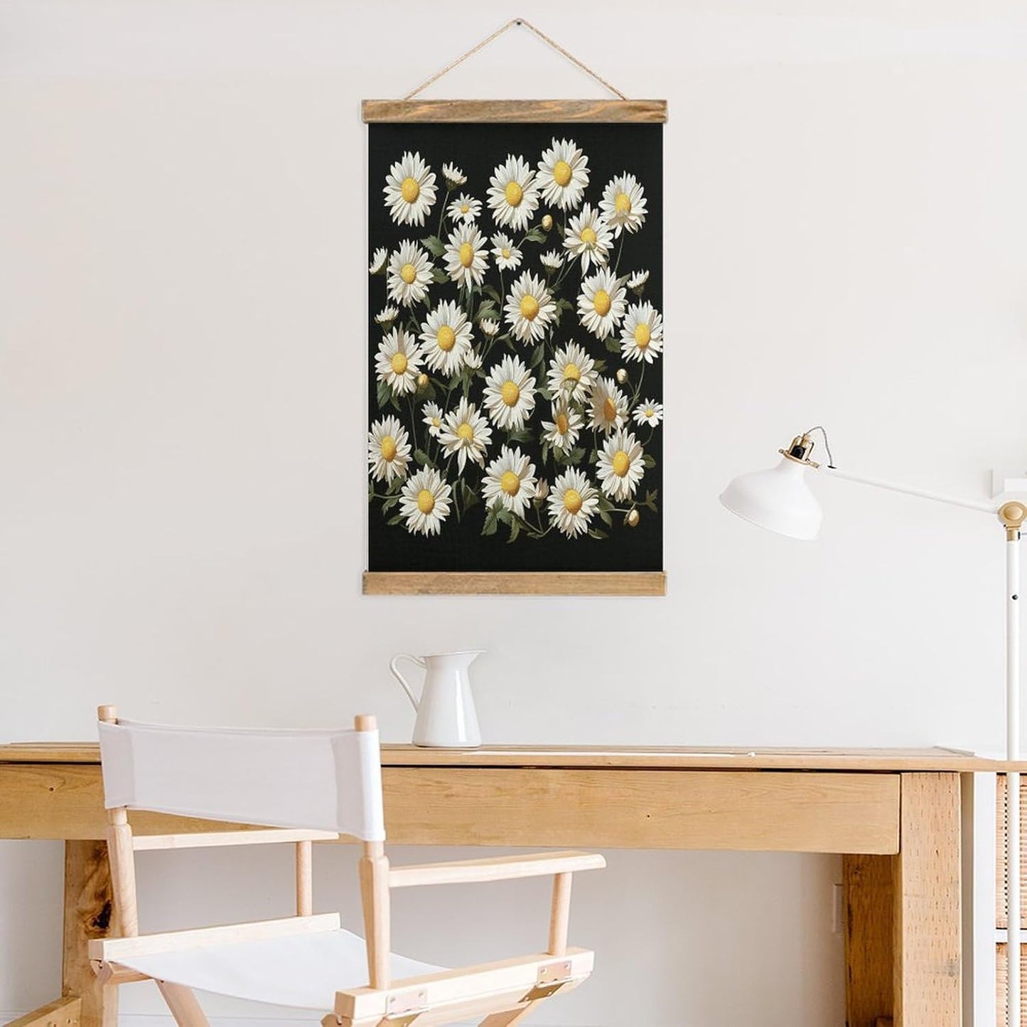 Vintage Daisy Poster with Wooden Frame Personalized Linen Hanging Scroll Painting Rustic Wall Hanging Illustrative Modern Artwork Decor for Home Living Room Bedroom Office