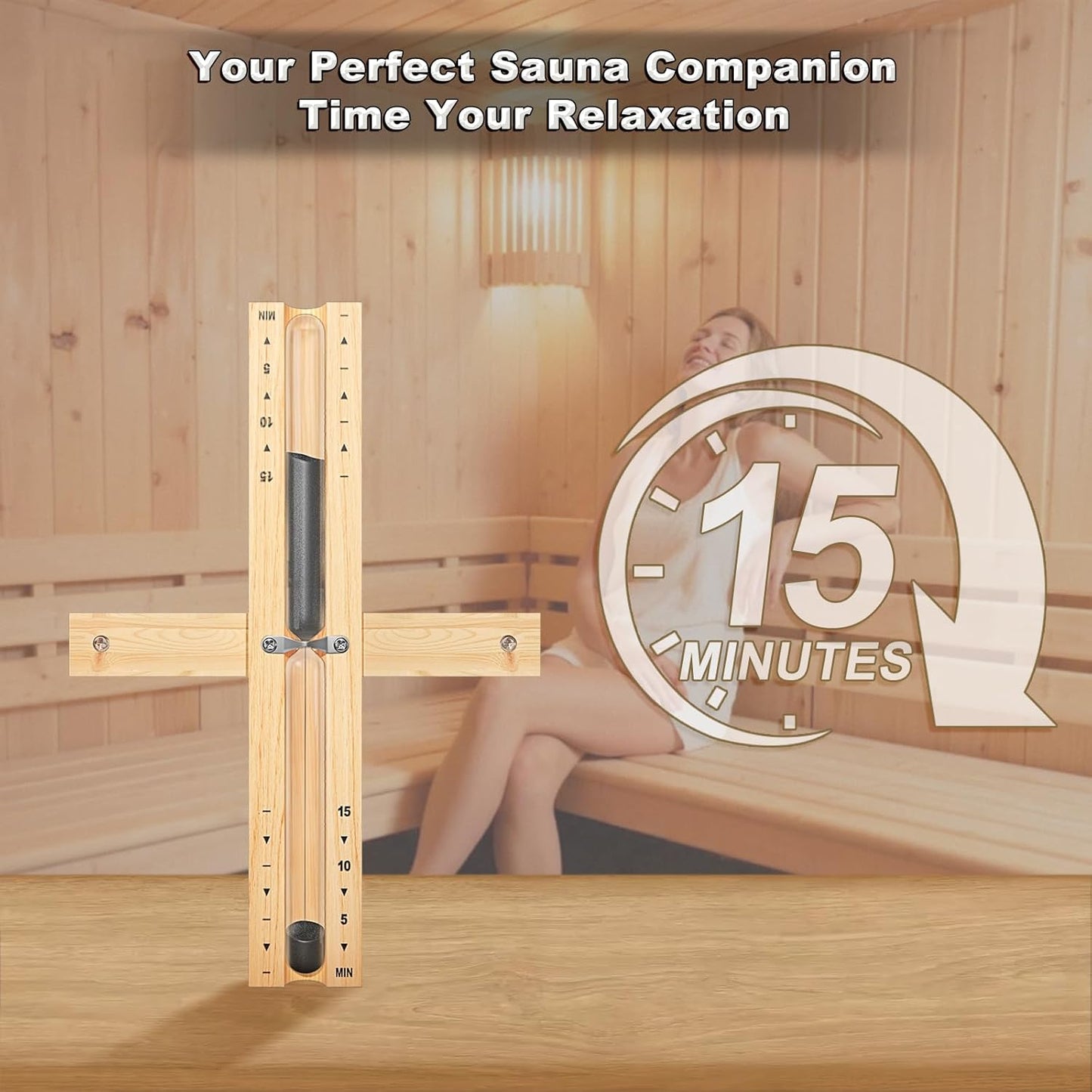 15 Minute Sauna Timer, Wooden Hourglass for Sauna, Reloj De Arena, Heat Resistant Sand Clock Hour Glass Timer for SPA Room (Black)
