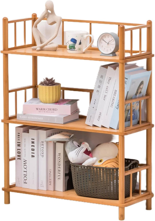 GOGOGO 3-Tier Expandable Bamboo Open Bookcase - No-Tools Assembly & Modular,Modern Display Bookshelf with Top Edge and Solid Wood Frame for Home and Office, Storage Cabinet