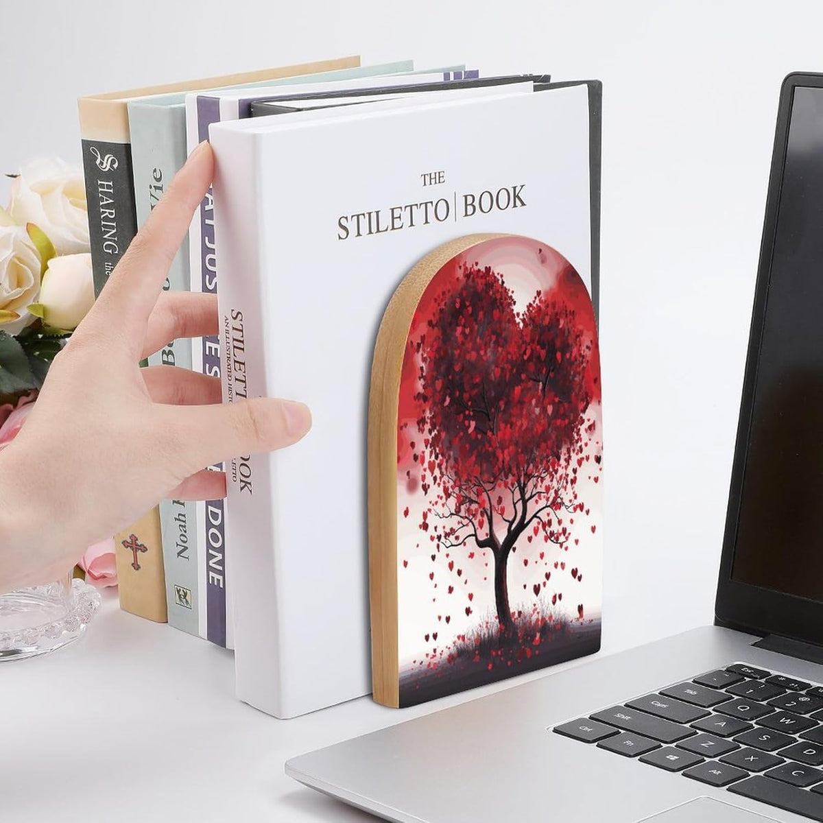 Red Love Heart Tree Wooden Bookend Non-Slip Book Ends Heavy Duty Book Stopper with Metal Base Books Holderd Decorative Bookends Stands Firmly for Office Supplies