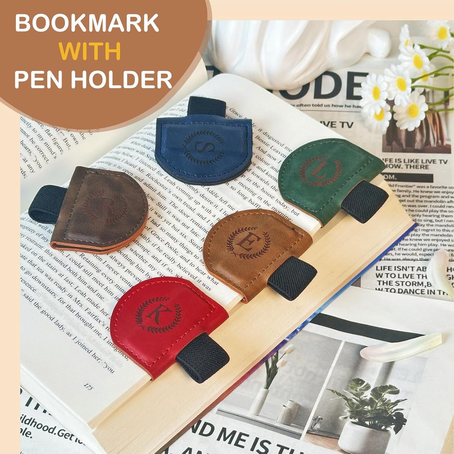 MOTEERLLU Bygone Mark Bookmark with Pen Holder, Initial Personalized Leather Magnetic Book Mark, Custom Bookmarks for Women & Men, Ideal Gift for Book Lovers, Readers