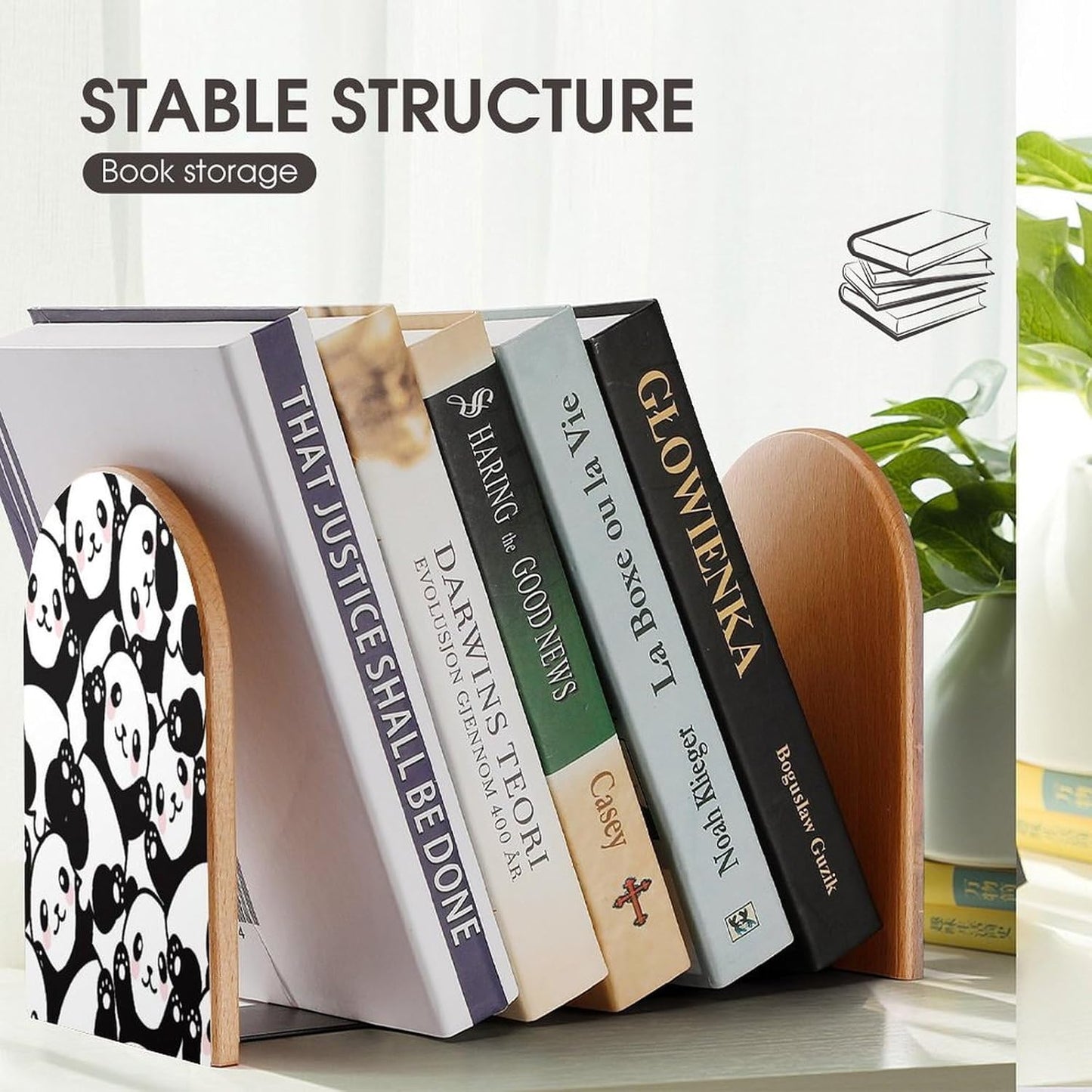 Panda Wooden Bookend Non-Slip Book Ends Heavy Duty Book Stopper with Metal Base Books Holderd Decorative Bookends Stands Firmly for Office Supplies