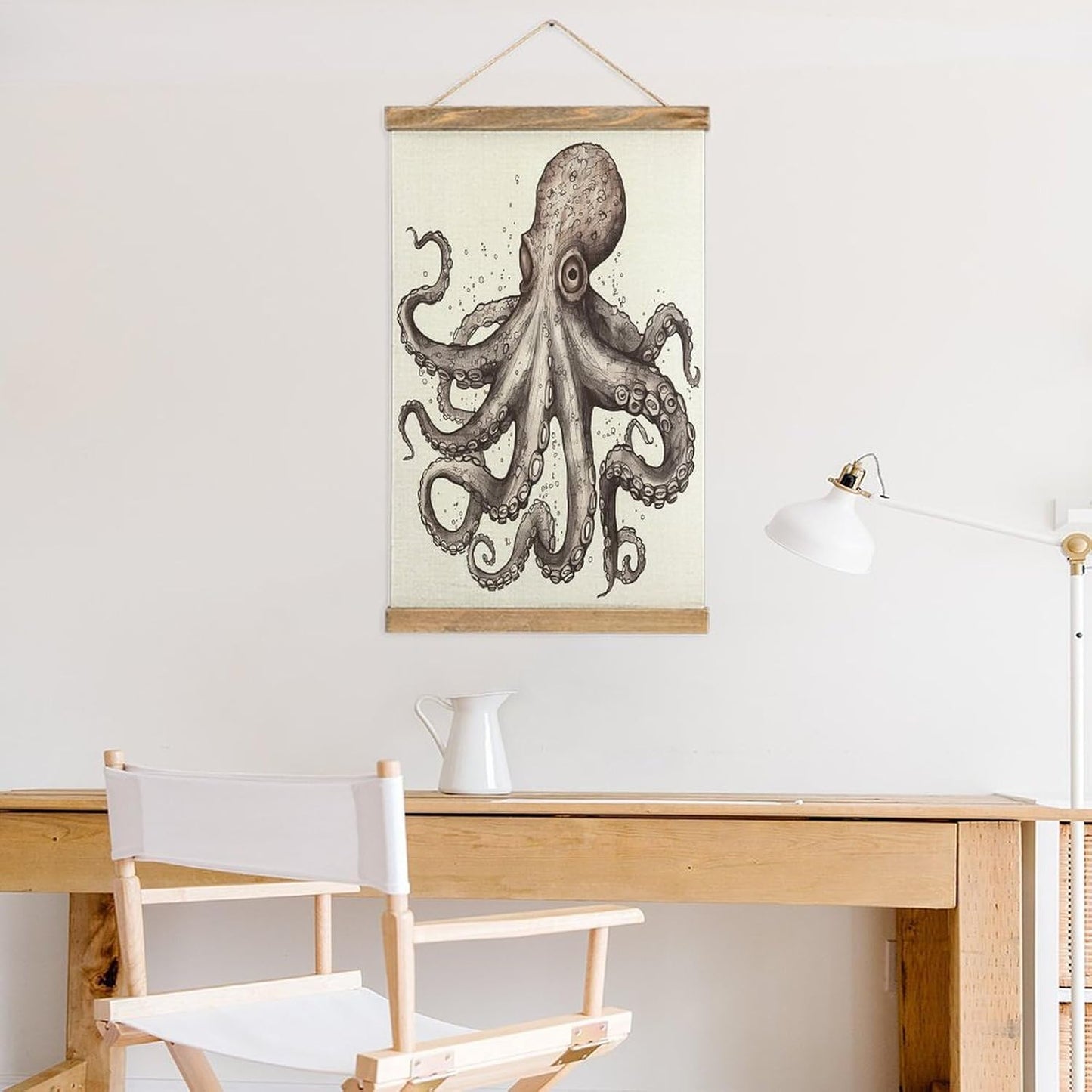 Vintage Octopus Poster with Wooden Frame Personalized Linen Hanging Scroll Painting Rustic Wall Hanging Illustrative Modern Artwork Decor for Home Living Room Bedroom Office