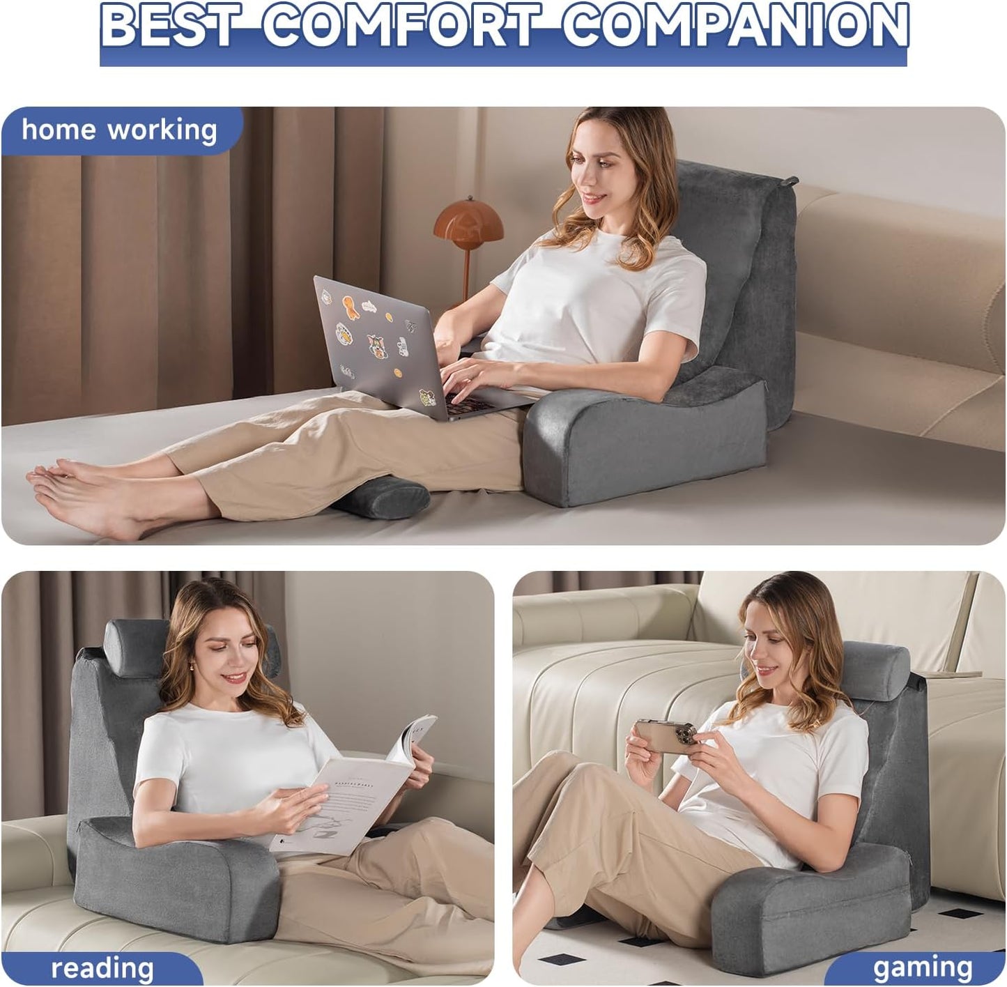 SofGlowly Reading Pillow for Sitting in Bed Adult, Back Support Pillow for Bed Sitting up with Arm Rest,Bed Rest Pillows for Watching TV/Reading/Gaming/Resting in Beds, Couch or Floor, Medium 19" Gray