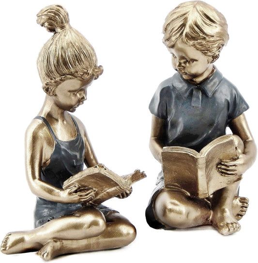 Bellaa 22951 Boy Girl Bookends Vintage Studious Reading Scholar Bookrack Stoppers for Heavy Duty Book Ends Holder Stand Decorative 8 inch