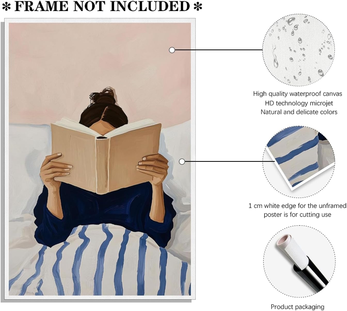 Vintage Woman Reading in Bed Poster Minimalist Book Lover Print Wall Art Reading Nook Library Living Room Girly Bedroom Decor Whimsical Retro Posters for Reader & Teens 16x24inch Unframed