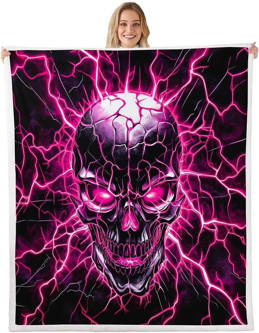 Pink Lightning Skeleton Bed Blanket,Gothic Skulls Flannel Blanket for Room Decor,Happy Halloween Theme Fleece Blankets for Kids Adults Sofa Dorm Decor,Throw 50"x60"