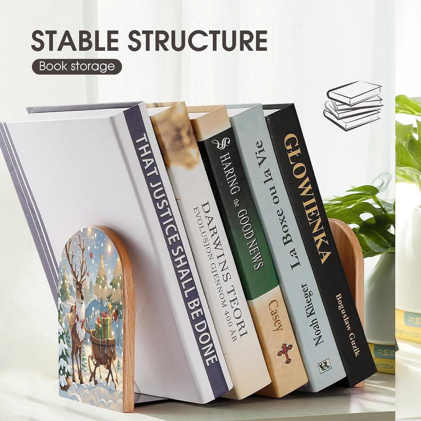 Reindeer Delivering Bookends 1 Pair Heavy Duty Book Ends for Shelves Non-Skid Bookend Supports Wooden Book Holders with Metal Base Desk Organizers Books Storage to Hold Books